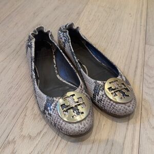 Tory Burch Snakeskin Flats with Gold Emblem